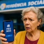 A imagem tem uma idosa olhando preocupada para a tela de um celular com o aplicativo Meu INSS aberto.