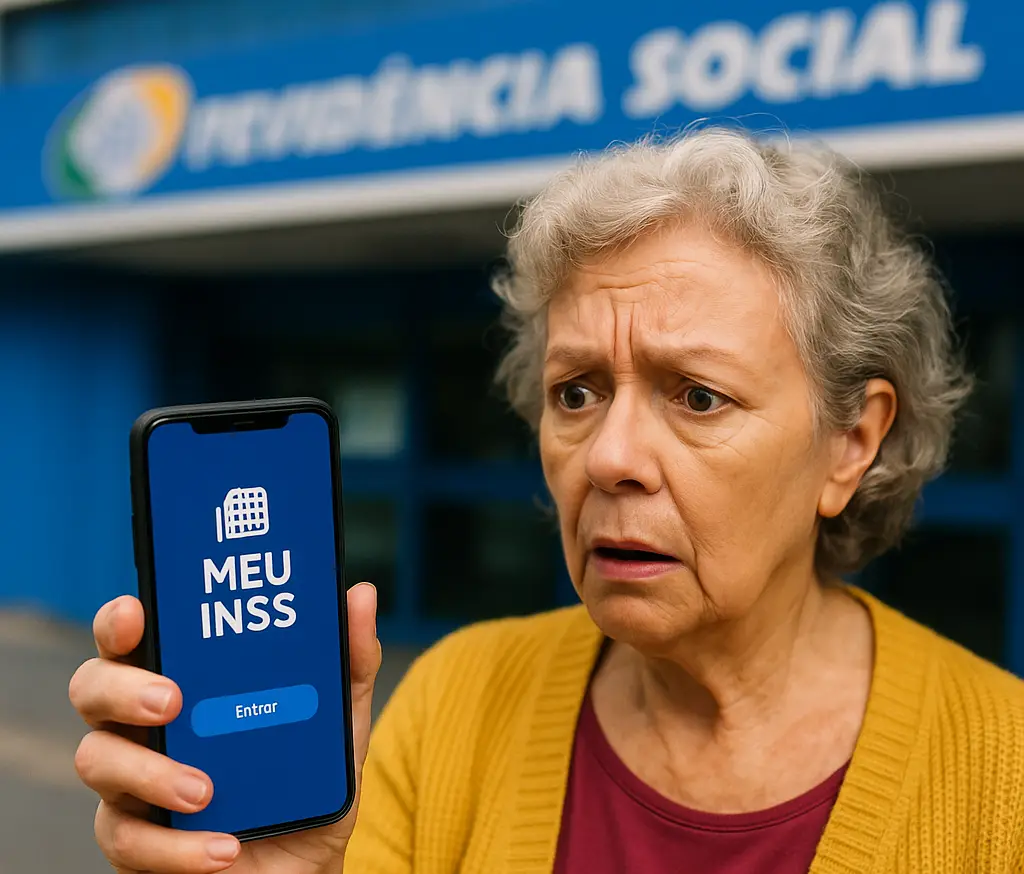 A imagem tem uma idosa olhando preocupada para a tela de um celular com o aplicativo Meu INSS aberto.